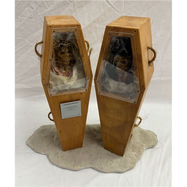 Custom-made decorative coffins w/ skeletons. Made for Bill & Maureen Terezakis (approx. 14in wide x