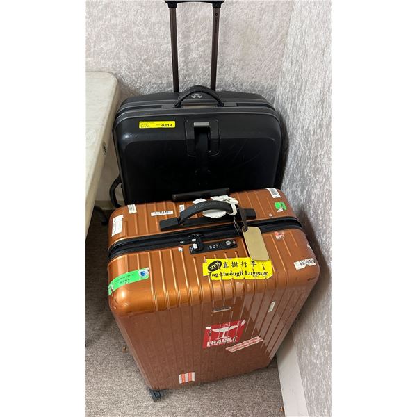 Group of 2 assorted travel luggage bags (orange locked - pin unknown)