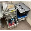 Image 1 : Large group of misc. makeup fx supplies w/ totes & rolling shelf/ blow dryer/ hair brushes/ hair cli