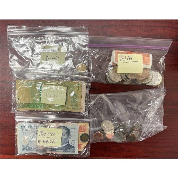Group of assorted currency notes & coins from Brazil/ Mexico/ USA/ Tahiti French Polynesia/ British