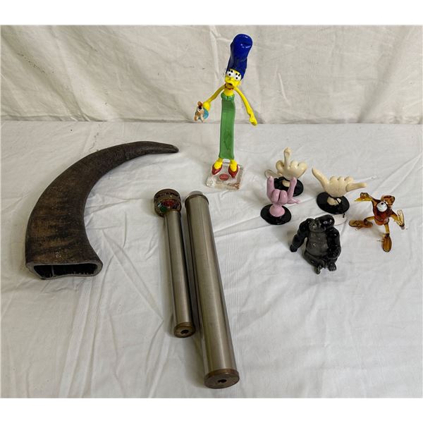 Group of assorted miniature decorative items/ prop horn/ stained glass ...