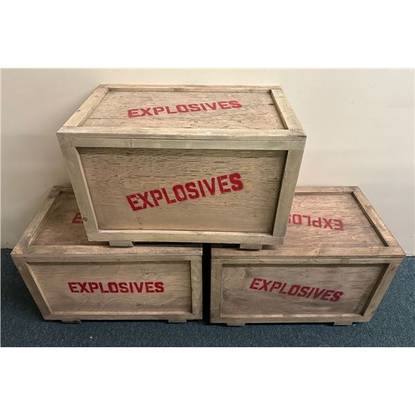Set of 3 Explosives labelled wooden crates - approx. 2ft wide x 15in ...
