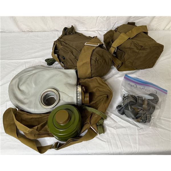 Set of 3 military prop gas masks w/ bags & extra cannister caps