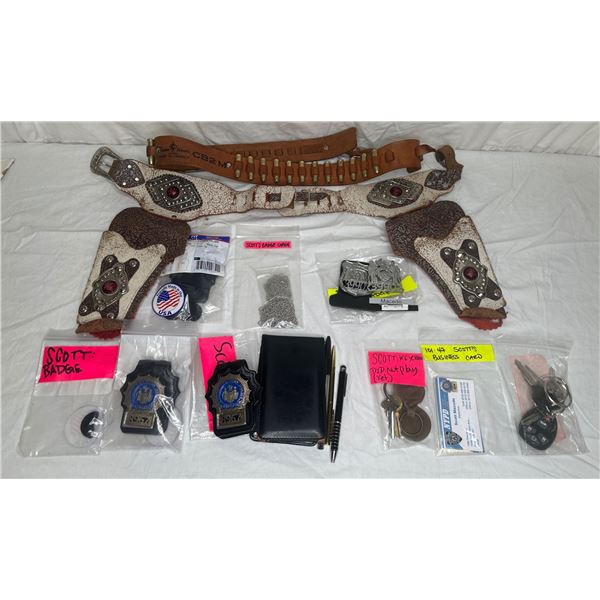 Cowboy utility prop belt w/ magazines holder/ City of New York Police Detective badges/ NYPD misc.