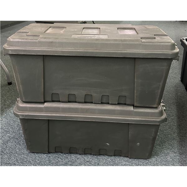 Set of 2 green military Plano storage bins - approx. 30in wide x 14in depth x 14in height