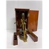 Image 1 : Antique Bausch & Lomb Optical Co./ Chandler & Massey Ltd. brass microscope w/ wooden case & accessor