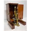 Image 2 : Antique Bausch & Lomb Optical Co./ Chandler & Massey Ltd. brass microscope w/ wooden case & accessor