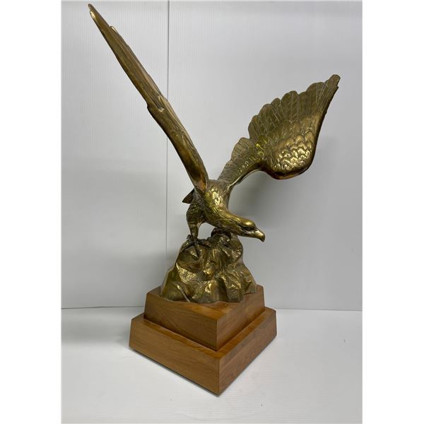 Approx. 26in tall brass bald eagle decorative sculpture w/ wooden base