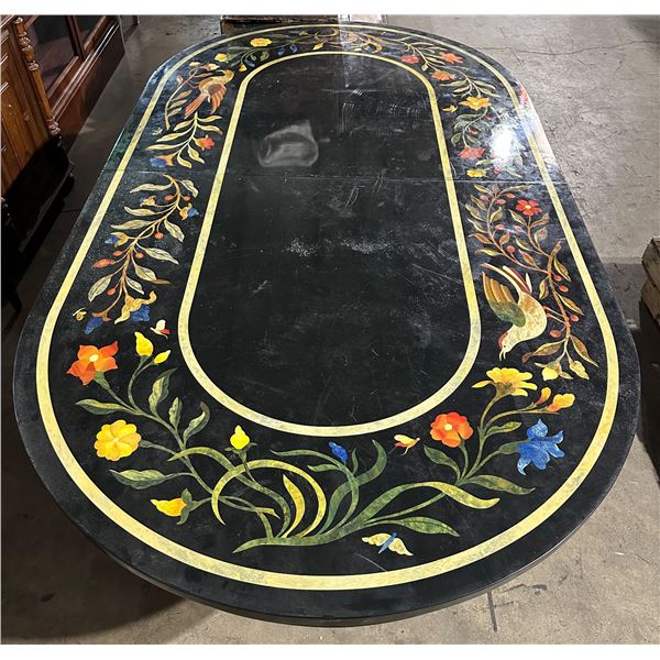 Black oval floral dining table approx. 85in 46in