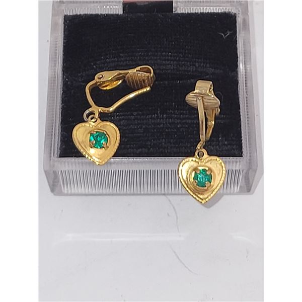 HEART CLIP ON EARRINGS WITH GREEN STONE