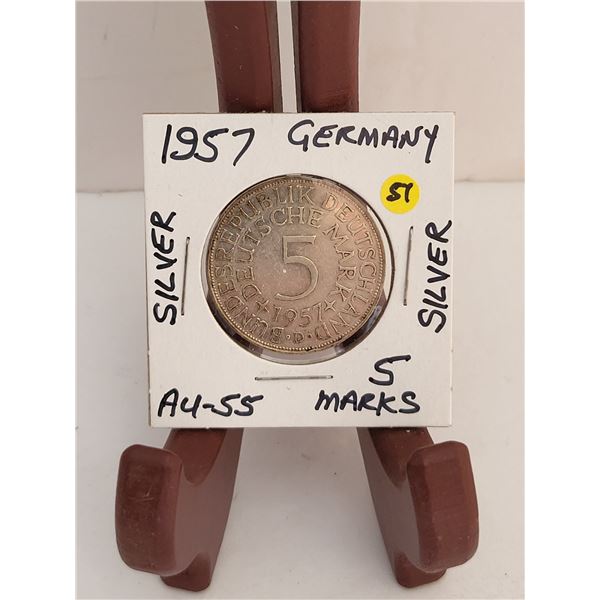 1957 GERMANY 5 MARKS SILVER AU55