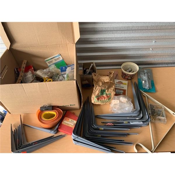 BOX OF SHELVING BRACKETS, BOLTS AND BRACKETS