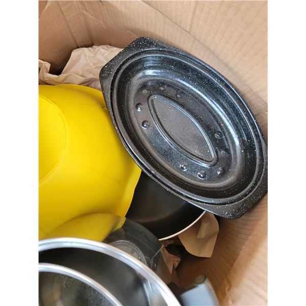 BOX WITH POTS, PANS LOTS MORE MYSTERY ITEMS