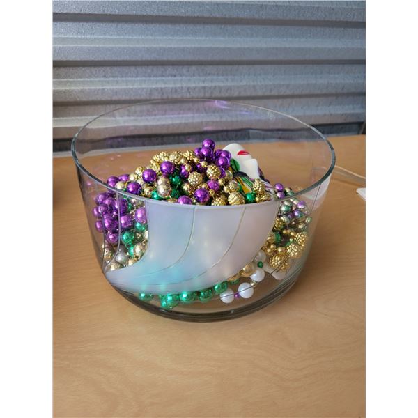 LARGE VINTAGE GLASS BOWL WITH MARDI GRAS ACCESSORIES