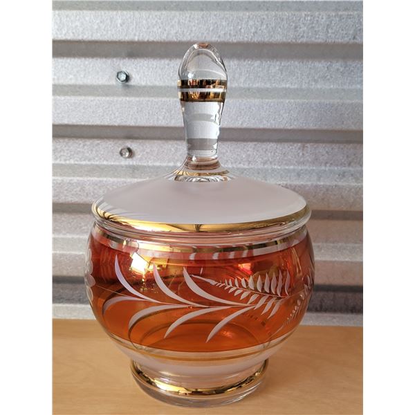 NICE SIZED VINTAGE ORANGE ETCHED GLASS LIDDED CANDY DISH