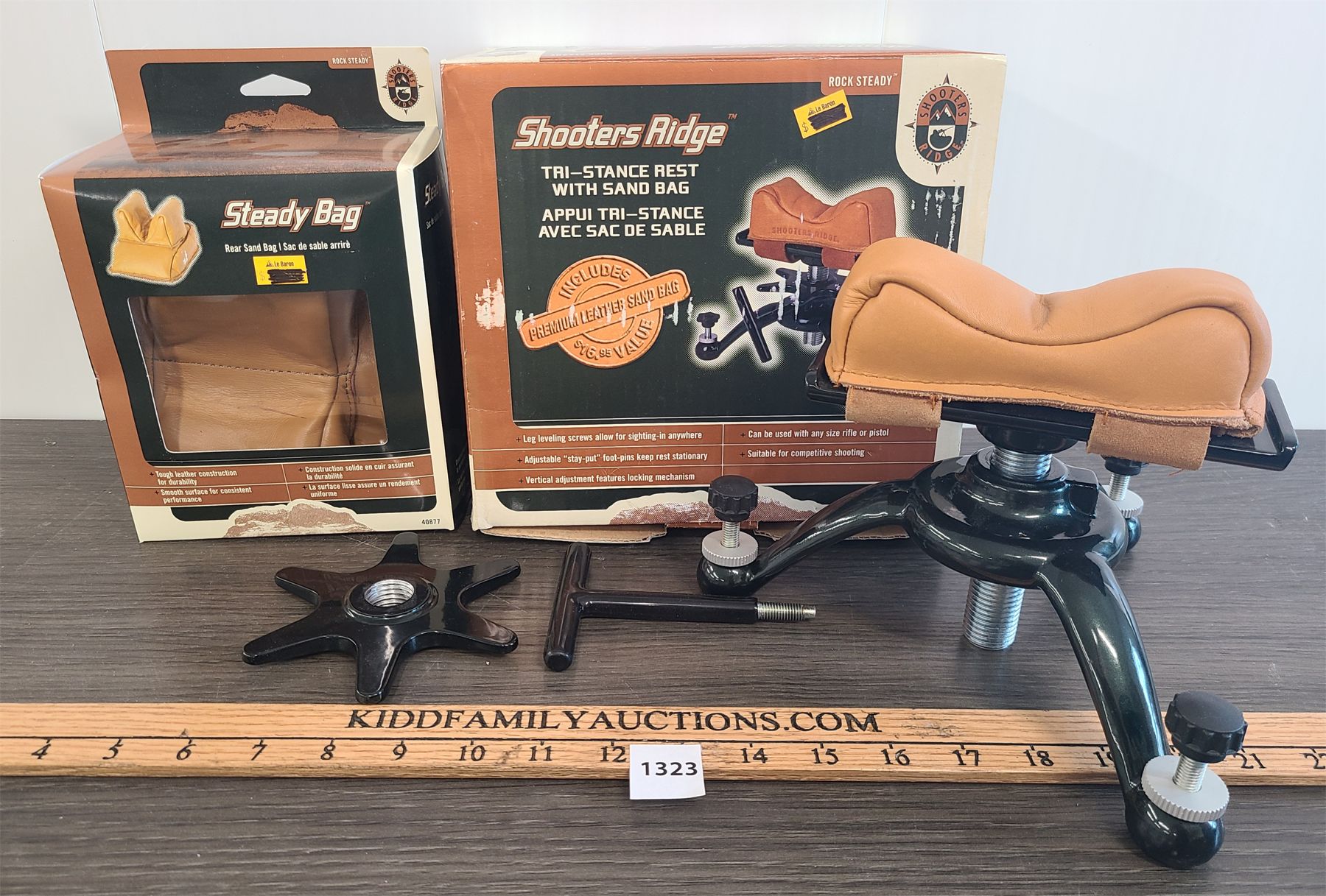 LOT OF 2 - SHOOTERS RIDGE TRI-STANCE REST W/ SAND BAG & STEADY BAG