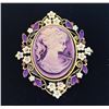 Image 1 : 16)  GOLD TONE WITH PURPLE & WHITE ENAMEL OVAL