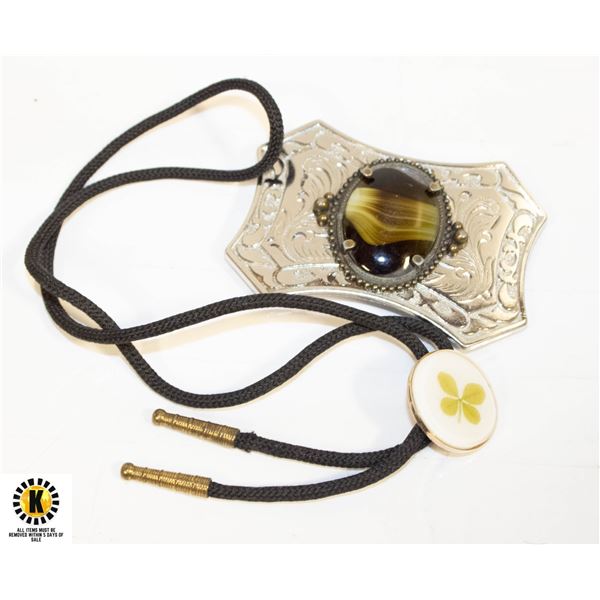 ESTATE 4 LEAF CLOVER BOLO TIE & ALBASTER INLAID ST