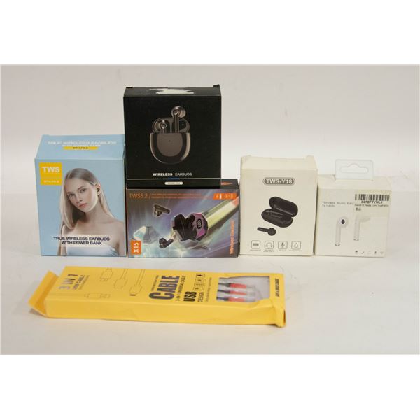 FLAT WITH 5 NEW EARBUD SETS & 3 IN 1 USB CABLE