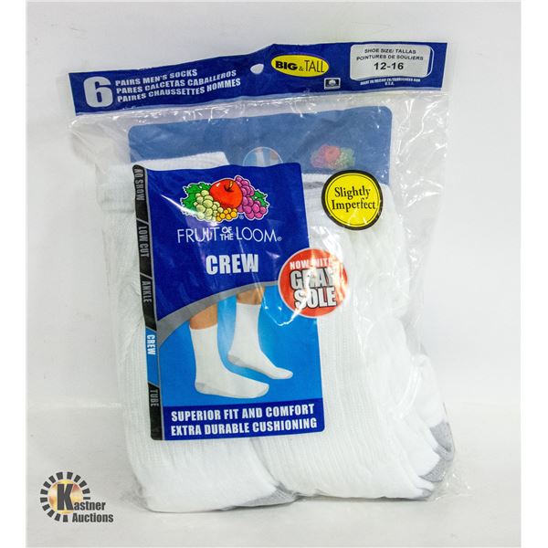 WHITE CREW SOCKS BIG & TALL 12-16 SIZE 6-PACK