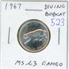 Image 1 : 1967 Diving Bobcat Canadian Silver 25 Cents. Rotated Die. MS-63 with Cameo. Scarce.