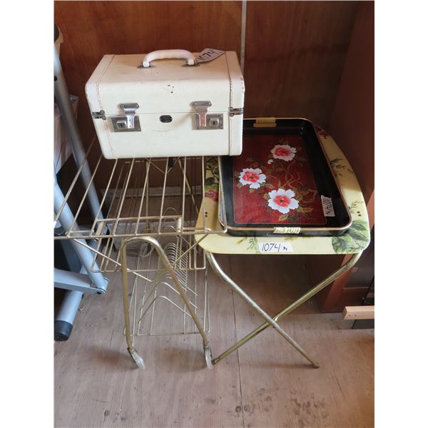 Tv Tray, Serving platter (corner is damaged), small carrying suitcase with religious items + Magazin