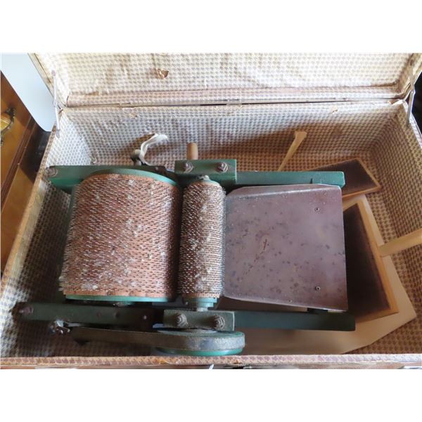 29 x 20  Vintage suitcase with Antique wool carder & 2 wool combs