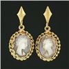 Image 2 : Vintage 14K Gold Carved Mother of Pearl Cameo Twisted Wire Frame Dangle Earrings