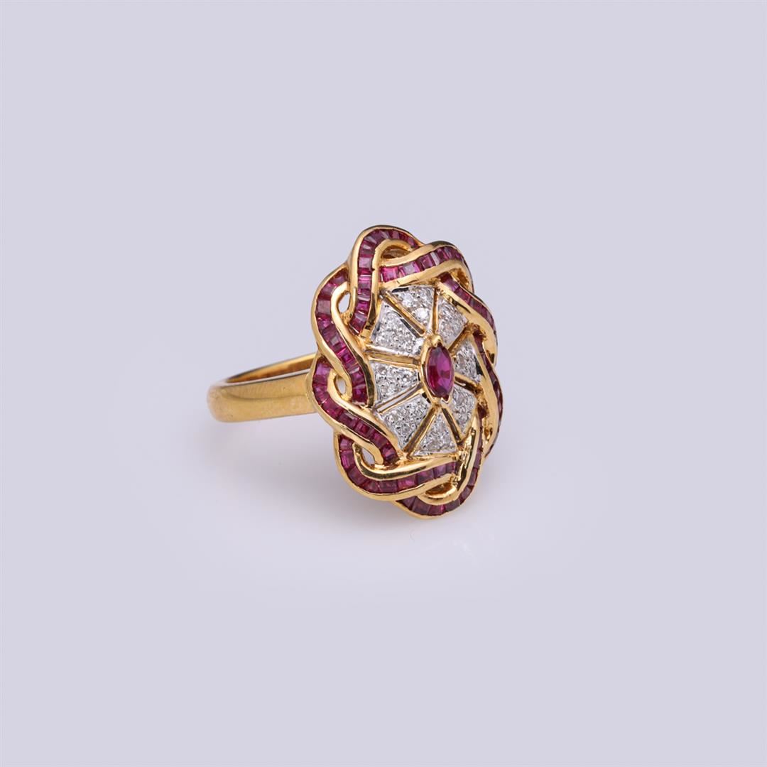 Ruby Diamond Artist Heavy 18k Yellow Gold Ruby & Diamond Art Deco Style Ring