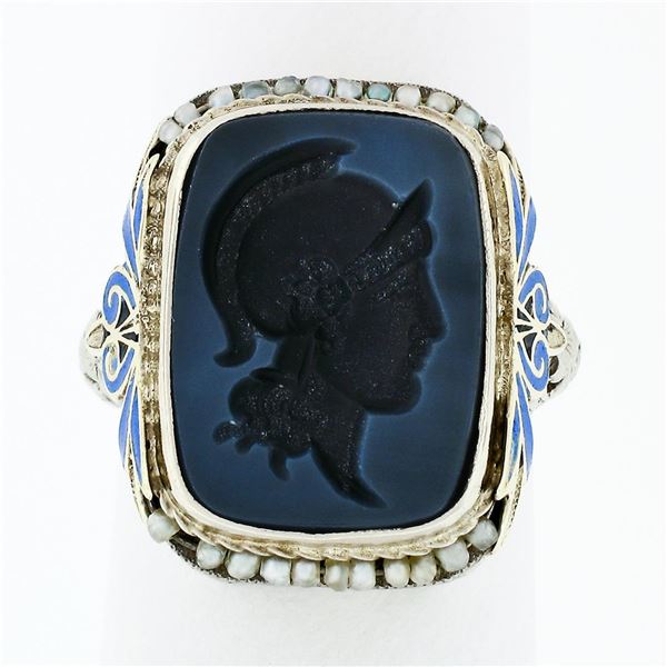 Antique 14k Gold Athena Warrior Intaglio Agate Seed Pearl & Enamel Filigree Ring