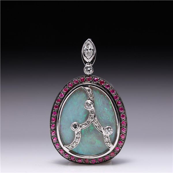 18K White Gold Ruby, Diamond and Black Opal Pendant by Carlo Rici