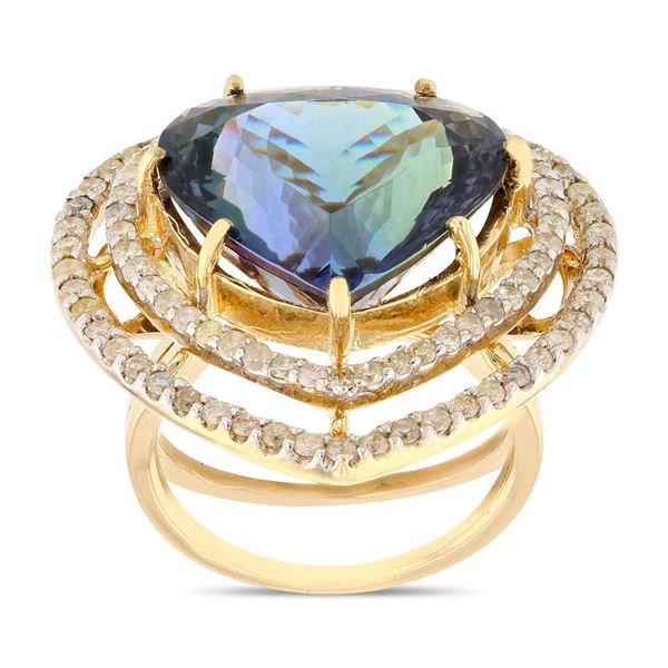 13.87 ctw Tanzanite and 0.98 ctw Diamond 14K Yellow Gold Ring