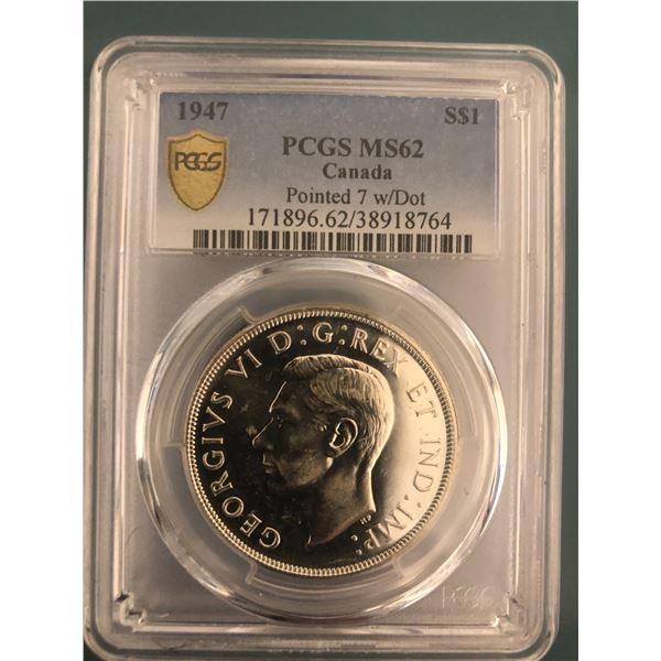 1947 Pointed Dot King George VI Canadian Silver Dollar PCGS-MS-62 DBL HP