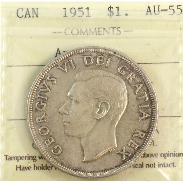 1951 King George VI Canadian Silver Dollar ICCS-AU-55 Arnprior DBL-HP