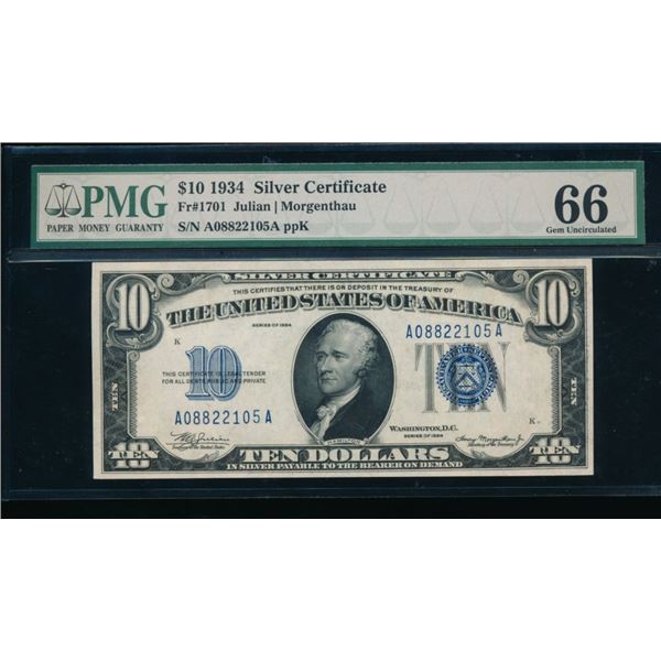 1934 $10 Silver Certificate PMG 66