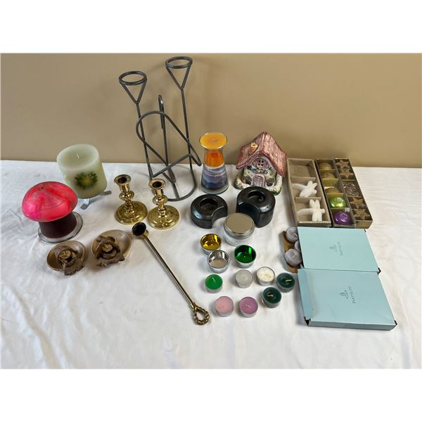 Assortment of Candles, Candle Holders, Brass Snuffer & More