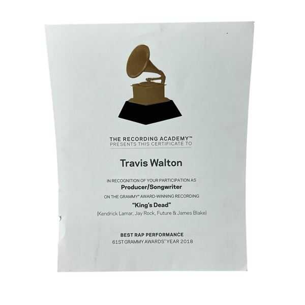 GRAMMY AWARD CERTIFICATE Travis Walton King's Dead Rap Song Kendrick Lamar Grammy