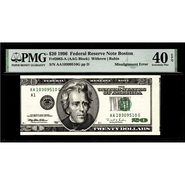 1996 $20 Federal Reserve Misalignment Error Note Fr.2083-A PMG Extremely Fine 40