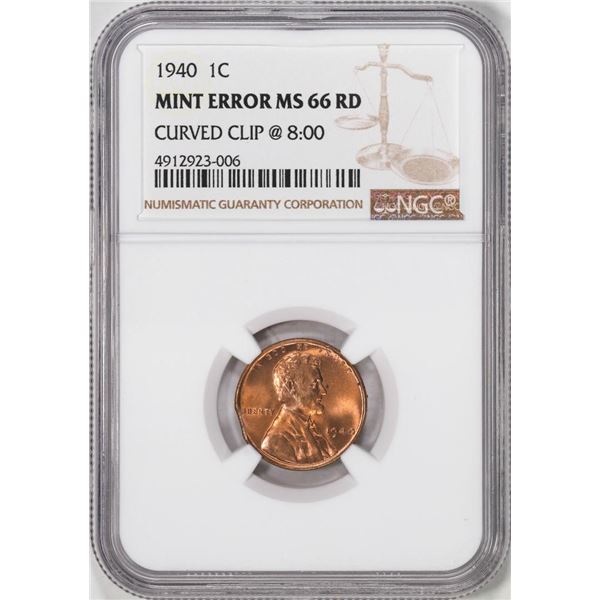 1940 Lincoln Wheat Cent Coin Mint Error Curved Clip @ 8:00 NGC MS66RD