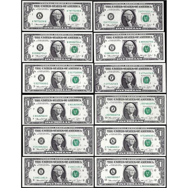 District Set of (12) 1974 $1 Federal Reserve District Set Notes