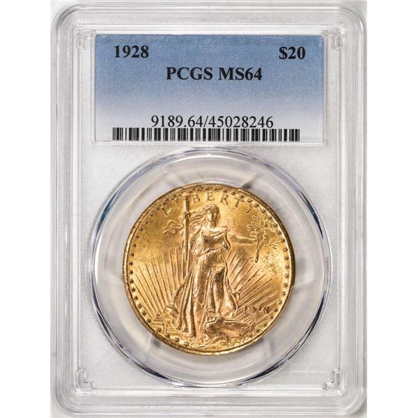 1928 $20 St. Gaudens Double Eagle Gold Coin PCGS MS64