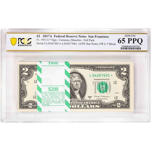 Pack 2017A $2 Federal Reserve STAR Notes SF Fr.1941-L* PCGS Gem Uncirculated 65PPQ