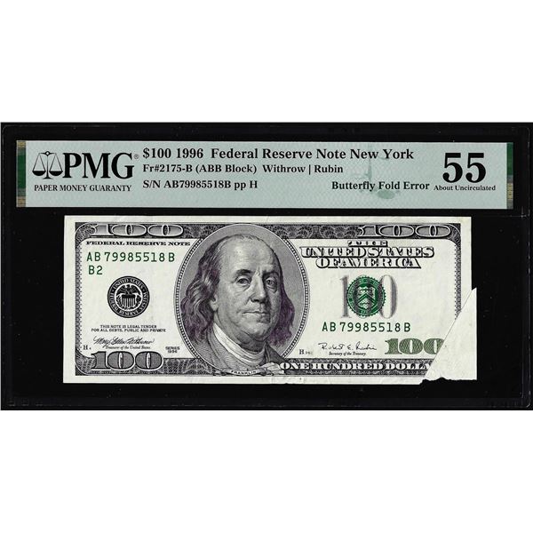 1996 $100 Federal Reserve Butterfly Fold Error Note PMG About Uncirculated 55