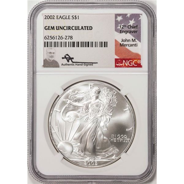 2002 $1 American Silver Eagle Coin NGC Gem Uncirculated Mercanti Signed
