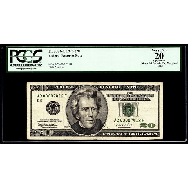 Low Serial Number 1996 $20 Federal Reserve Note Fr.2083-C PCGS Very Fine 20 Apparent