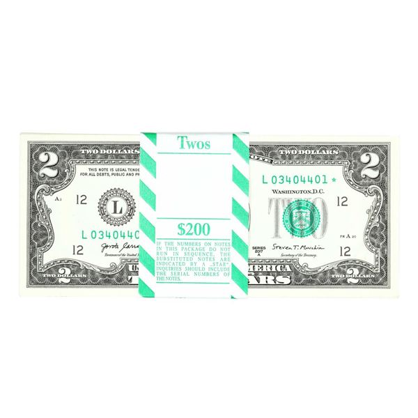 Pack of (100) Consecutive 2017A $2 Federal Reserve Star Notes San Francisco