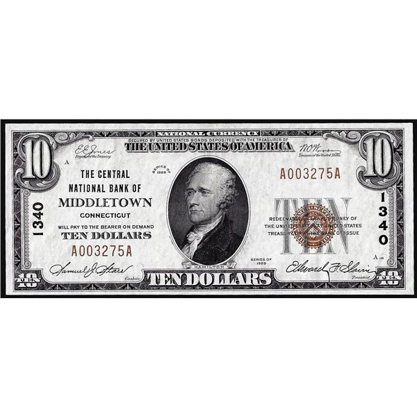 1929 $10 The Central National Bank of Middletown, CT CH# 1340 National Currency Note