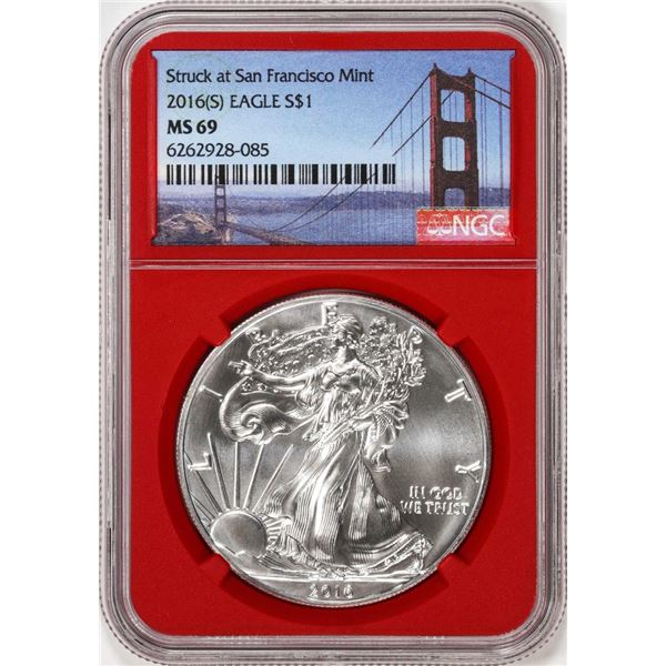 2016-(S) $1 American Silver Eagle Coin NGC MS69 Struck at San Francisco Red Core