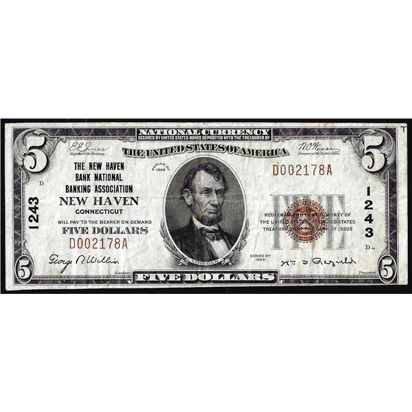 1929 $5 Bank National Banking Association New Haven, CT CH# 1243 National Note