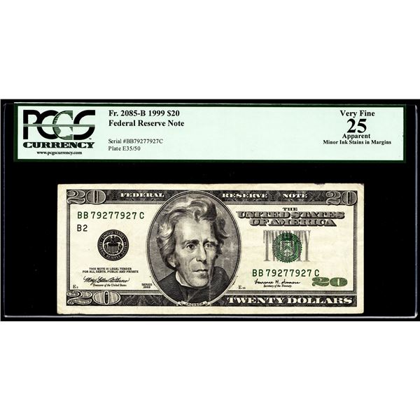 1999 $20 Federal Reserve Repeater Serial Number Note PCGS Very Fine 25 Apparent